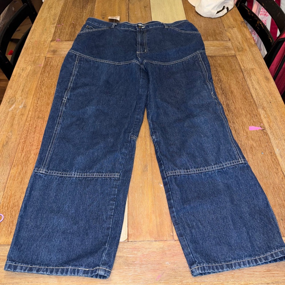 Emergency Exit Workwear Jeans Mens 38x32 Dark Blue Excellent Double Knee Denim
